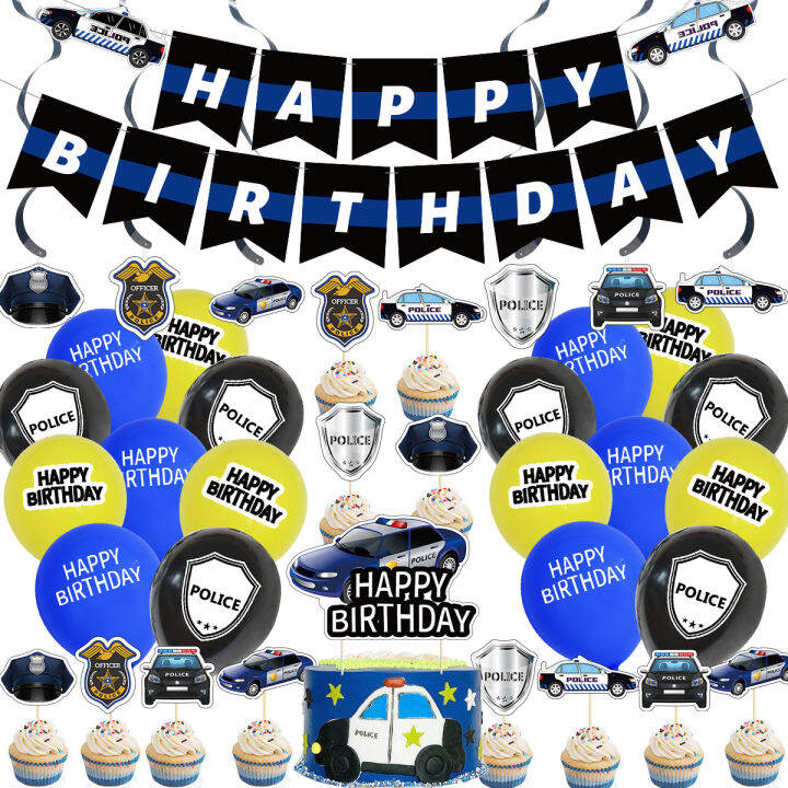 Police Theme Birthday Decoration Balloon Set Police Car Banner Cake ...