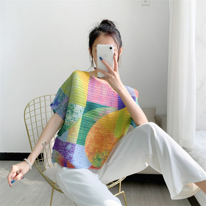 new-womens-casual-pleated-print-t-shirt-short-sleeved-round-neck-pleated-top