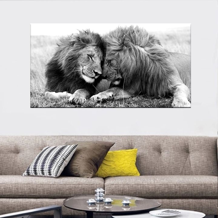 โปสเตอร์รูปสิงโตคู่สีขาวและดำโปสเตอร์ผ้าใบรูปสัตว์ป่าตกแต่งศิลปะบนผนังโปสเตอร์สำหรับห้องนั่งเล่นบ้าน