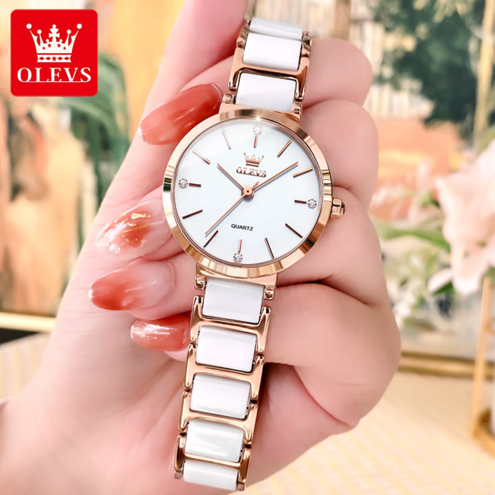 olevs-นาฬิกา-ผู้หญิง2022-กัน-น้ำ-นาฬิกาเซรามิก-genuine-watch-for-women-สีขาว-ปฏิทิน-ฟรีกล่องและเครื่องมือ