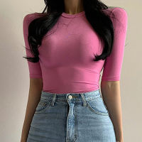 2022 Summer Solid Thin T shirts Womens Tops Short Sleeve Skinny Basic T Shirt Women Korean Clothes Cotton Tee Shirt Femme Pink