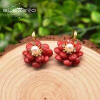 GLSEEVO Natural Coral Pendant Earrings Female Wedding Flower-Shaped Handmade Fashion Gifts Ladies Earrings Jewelry GE1042