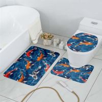 3D Printing Toilet Cover Bath Mat Set Flannel Absorbent Carpet Anti Slip Entrance Doormat Flower Fish Art Shower Decoration Rug