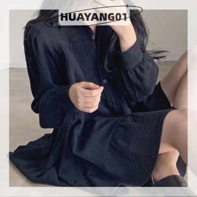 HUAYANG01เดรสสั้นอัดพลีทสำหรับผู้หญิง,เดรสมินิคอปกเสื้อลำลองแขนยาวทรงหลวมแฟชั่นใหม่2023