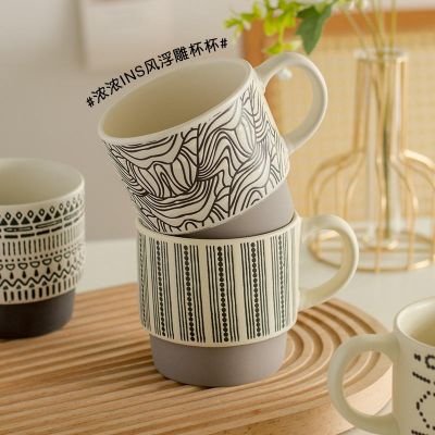 【STOCK】 Retro Hand-Painted Sleeve Mug Ceramic Couple Cup Home Large-Capacity Milk Cup Coffee Cup Breakfast Cup Slightly Flawed