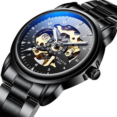 WLISTH นาฬิกาสแตนเลสสตีลผู้ชายกันน้ำแนวธุรกิจแท้ผู้ชาย,นาฬิกาจักรกลอัตโนมัติโครงกระดูกสีดำ