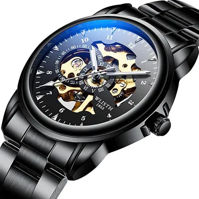 WLISTH นาฬิกาข้อมือผู้ชาย,นาฬิกาสแตนเลสสตีลผู้ชายนาฬิกากลไกอัตโนมัติสีดำกันน้ำแนวธุรกิจหรูหราของแท้