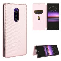 สำหรับ Sony Xperia 1พื้นผิวคาร์บอนไฟเบอร์ฝาพับแบบแนวนอน TPU + พีซี + เคสที่มีช่องเสียบการ์ดหนัง PU (สีชมพู)