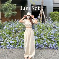 COD พร้อมส่ง️JUNI SET เสื้อ+กางเกง ชุดผ้าฝ้ายลินิน ชุดไปคาเฟ่ เกาหลีมินิมอล ชุดไปcamping