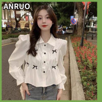 ANRUO เสื้อเชิ้ตแขนยาวผูกโบว์สำหรับผู้หญิง,เสื้อดีไซน์แบบช่องเสื้อยืดแขนสั้นทรงหลวมสำหรับฤดูใบไม้ผลิและฤดูใบไม้ร่วง2023ใหม่