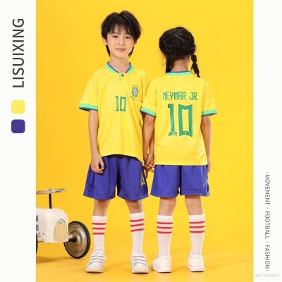 【Ready Stock】 Cute 22/23 Childrens Set World Cup Brazil Jersey Home Away Neymar Football Tshirt Shorts Kids Suit