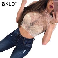 【Feb】 BKLD 2017 Autumn Women Crop Shirts Diamonds Women Sexy Transparent Blouses Half Sleeve Elegant Black White Sheer Mesh Shiny Tops