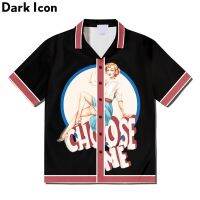 Dark ไอคอนทันสมัยพิมพ์เสื้อเชิ้ตสีตัดกัน Retro เสื้อโปโลผู้ชายหลวมเสื้อยืดผู้หญิงแฟชั่นสีดำ