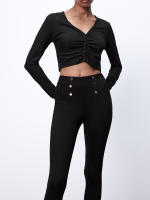 Spring New Womens Fashion All-match Fashion Gold Button Black High Waist Leggings Slim Pencil Pants