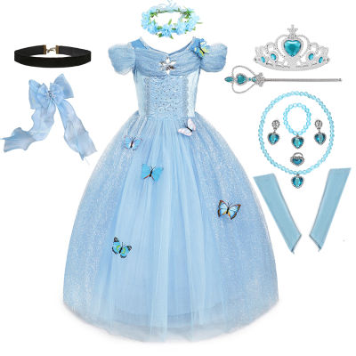 Cinderella เครื่องแต่งกายคอสเพลย์เด็กเสื้อผ้าสำหรับสาวแต่งตัวเด็กสาวบอลชุดเจ้าหญิงชุดสำหรับงานเลี้ยงวันเกิดมงกุฎถุงมือ...