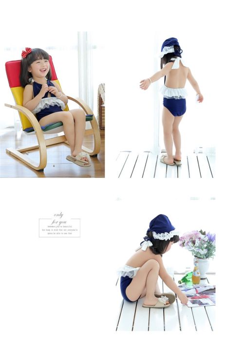 ชุดว่ายน้ำเด็กผู้หญิง-วันพีช-คล้องคอ-โชว์หลัง-พร้อมหมวก-ไซส์-100