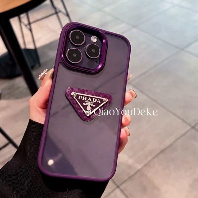 Luxury brand High-end hard Phone case for iPhone 14 14pro 14promax 11 12 13promax x xr xsmax Hd transparent protective case Dark purple Pink Black with leather metal LOGO elegant