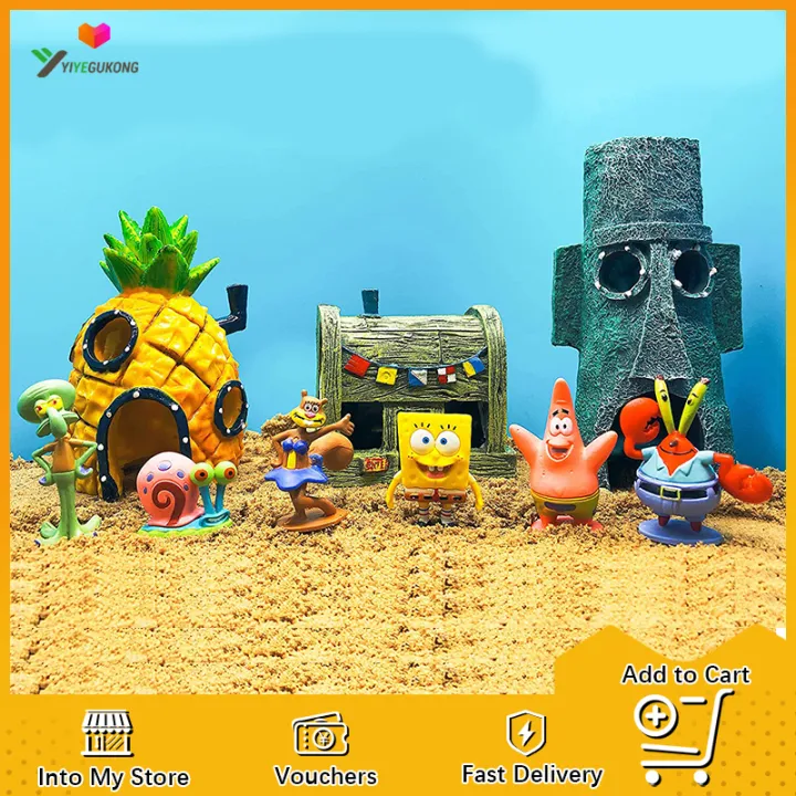 9Pcs/Set SpongeBobs Aquariums Patrick Star Pineapple House Cartoon Fish