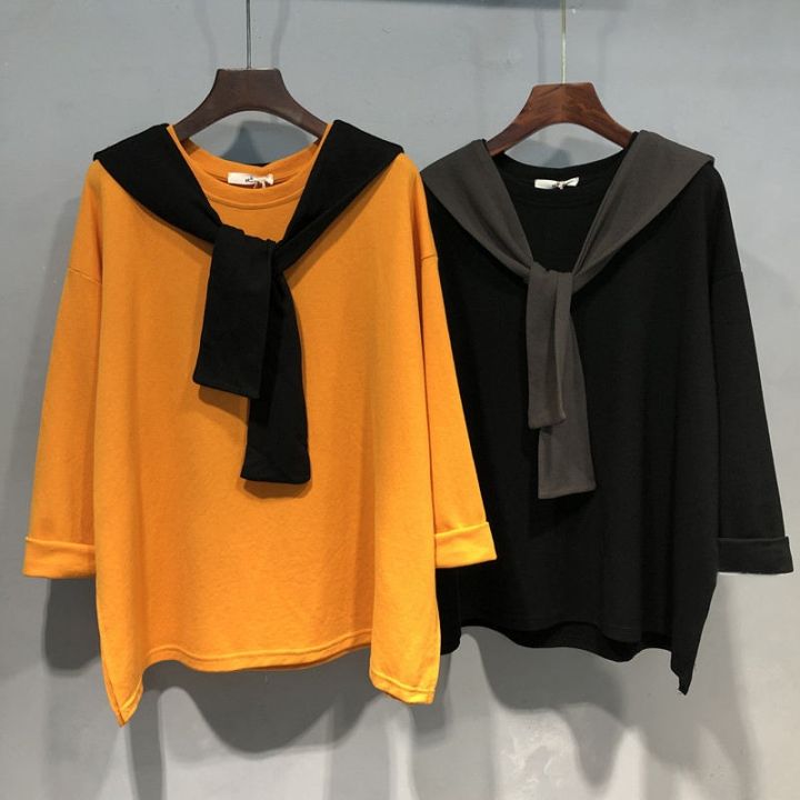 design-sense-niche-college-style-womens-korean-style-loose-and-versatile-long-sleeved-t-shirt-top-internet-celebrity-shawl-two-piece-set-trendy-autumn