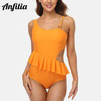 Anfilia ผู้หญิง Ruffle ชุดว่ายน้ำ Cutout ชุดว่ายน้ำไม่สมมาตรไหล่ Monokini ชุดว่ายน้ำ Maillot De Bain Femme