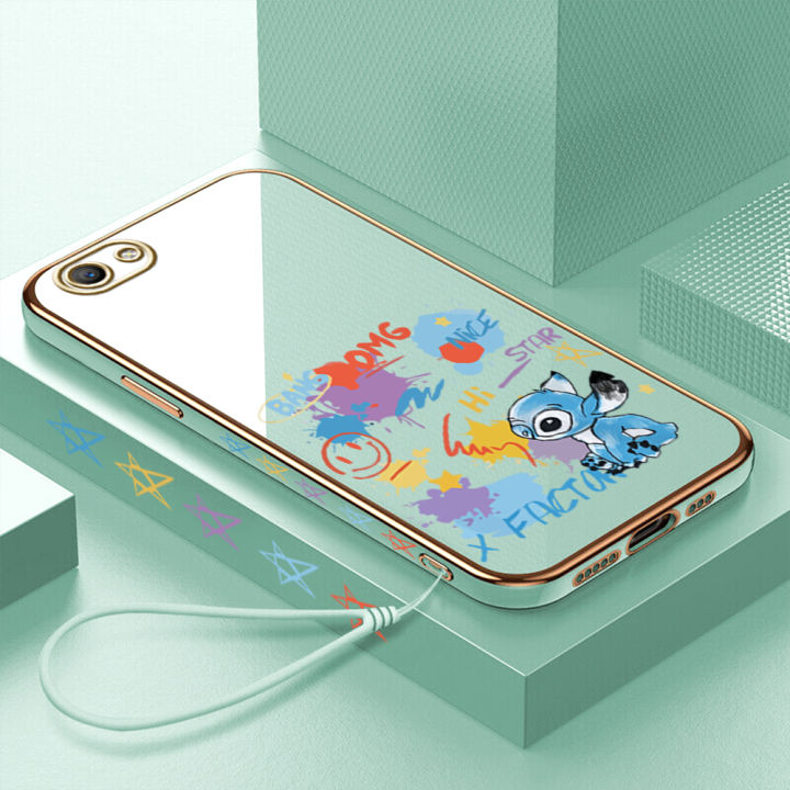 งูสำหรับ-oppo-a59-f1s-การ์ตูนฟรีสายคล้องสติทช์บ้าเคลือบเคสโทรศัพท์ปลอกลวดลายขอบสี่เหลี่ยมเคสโทรศัพท์นุ่มชุบหรูหรา