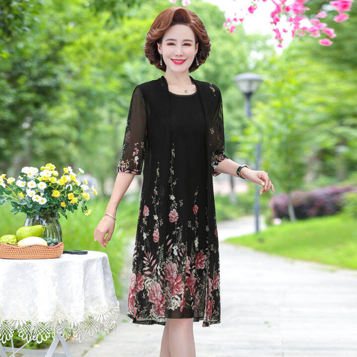 summer-net-yarn-2-piece-set-dress-cardigan-women-plus-size-4xl-5xl-party-midi-flower-dresses-elegant-vintage-robe-femme