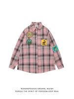 Street retro color matching plaid badge long-sleeved shirt mens trendy brand loose couple casual thin coat 【BYUE】