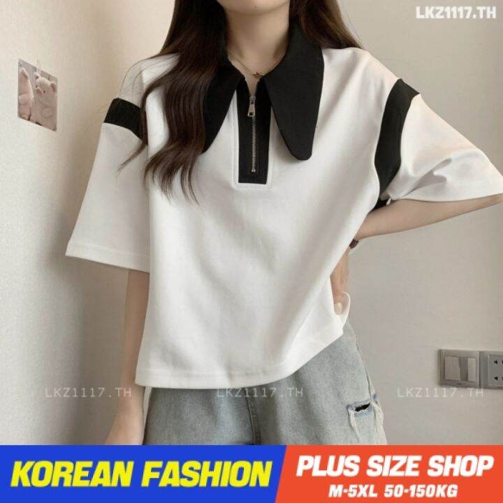 plus-size-เสื้อผ้าสาวอวบ-เสื้อยืดสาวอวบอ้วน-ไซส์ใหญ่-ผู้หญิง-เสื้อโปโล-ทรงหลวม-แขนสั้น-คอปก-สีดำ-ฤดูร้อน-สไตล์เกาหลีแฟชั่น-v728