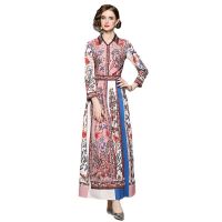 Women Dress Spot Real  Elegant Long Sleeve  Vintage Printed Maxi Dress