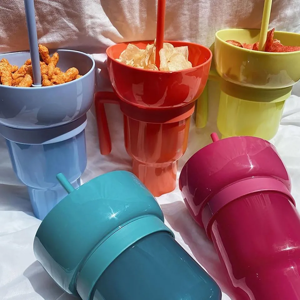 Snack And Drink Cup, Stadium Tumbler, 2 In 1 Beverage Cup Top Snack Bowl,  Portable Snack Cup Leak Proof For Movie Theater