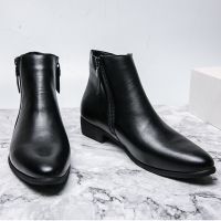 High-Top Leather Shoes Short Boots Heightening Genuine Ankle Zipper Korean Version Chelsea Winter Mens Frosted Pointed Casual R