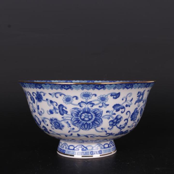 6นิ้วราชวงศ์ชิงเชียนลองชามสีฟ้าและสีขาวชามโบราณกระเบื้องจีนละเอียด-guanpai4ลายกิ่งไม้สีทอง