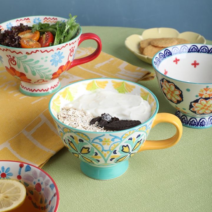 high-end-cups-มือวาดสไตล์สวนแก้วน้ำถ้วยอาหารเช้าถ้วยกาแฟซุปแก้วฝรั่งเศสมือสีแก้วเซรามิก