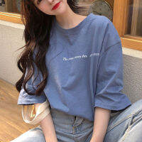 [เด็กผู้หญิง] เสื้อเสื้อยืดทรงโอเวอร์ไซส์สีฟ้าหมอกควันสไตล์หลวมใหม่2022ฉบับภาษาเกาหลี