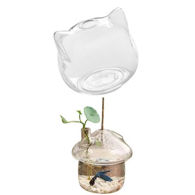 Cat Shaped Glass Vase Hydroponic Plant Flower Vase &amp; Mushroom-shaped Hanging Glass Planter Vase Rumble