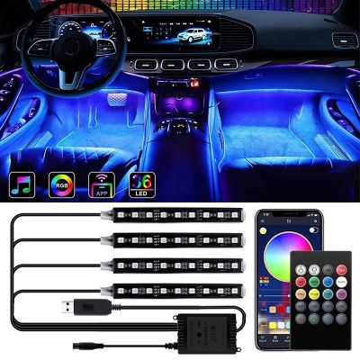 ┅◐ 4 PCS LED Light Bar Car Interior Decorative Atmosphere RGB Strip Lights USB APP With Remote Control Music Rhythm Flashing Lamps