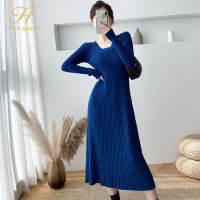 H Han Queen New  Winter Sweater Dress Basic Knitted Pullovers Bottoming Thicken Square Collar Casual Party Long Dresses