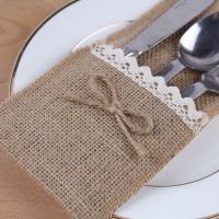 24Pcs Hessian Burlap งานแต่งงานบนโต๊ะอาหารกระเป๋าผู้ถือช้อนส้อมงานแต่งงานตกแต่ง Favor Rustic Vintage งานแต่งงาน Centerpieceshot