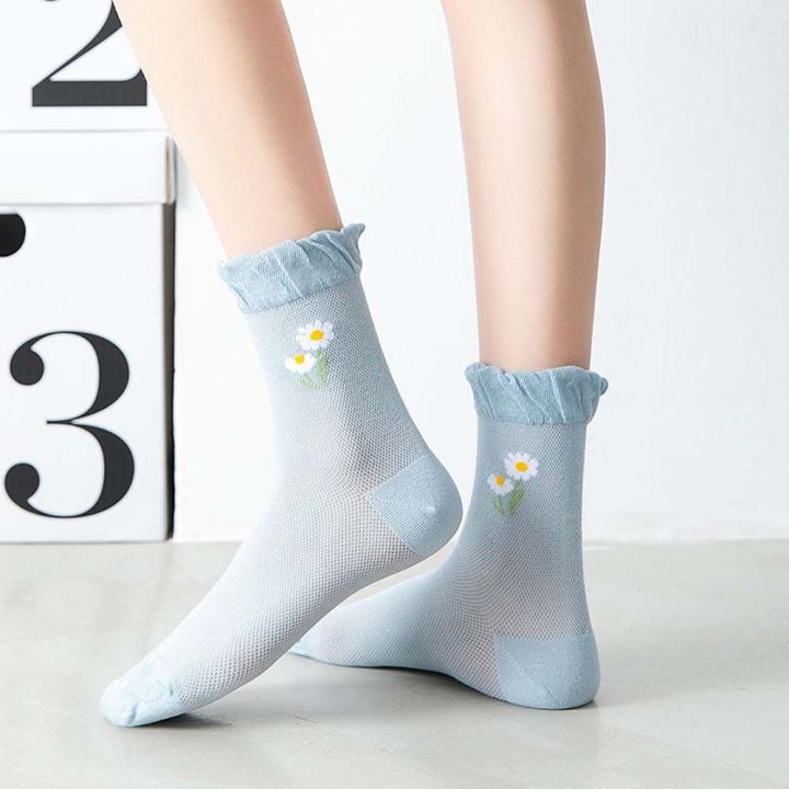 ถุงเท้าถุงเท้าผ้ายาวสำหรับผู้หญิงถุงเท้าผ้าตาข่ายอบอุ่นลายดอกไม้สำหรับผู้หญิงฤดูร้อนเกาหลี