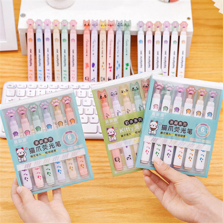 6pcs-box-kawaii-school-supplies-cartoon-cute-student-gift-fluorescent-pen-drawing-art-marker-cat-claw-highlighter