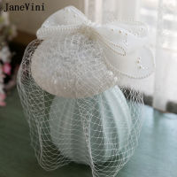 JaneVini 2022 White Sequined Bridal Hat with Pearls Bow Beaded Mesh Veil Wedding Party Bride Hats Haar Accesoires Voor Bruiloft