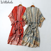 Willshela แฟชั่นสำหรับผู้หญิงเสื้อทรงกิโมโน Midi คอวีแขนยาวพองสำหรับผู้หญิง,ชุดเสื้อยาววินเทจทรงหลวมลำลองเก๋ไก๋สำหรับผู้หญิง