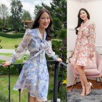 PD881-Organza-Floral-Dress เดรสผ้าไหมออแกนซ่า เอวจั้ม ขอบเอวสูง คอผูกโบว์ แขนยาว กระโปรงครึ่งวงกลม