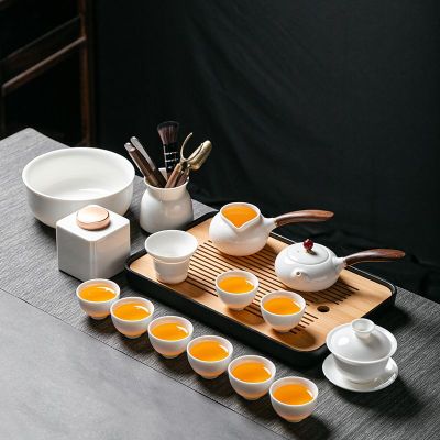 ขายในสต็อกบ้านเนื้อแกะหยกพอร์ซเลนสีขาวกาน้ำชาด้านข้างฝาถ้วยชาชุดน้ำชากังฟูที่นิยมในโลกออนไลน์