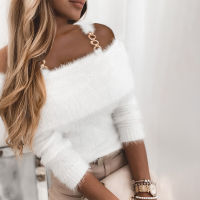 Women Fashion Casual Long Sleeve Pullovers Brief Cozy Off Shoulder White Fluffy Chain Desig Sweater for Women Warm Fluff Tops