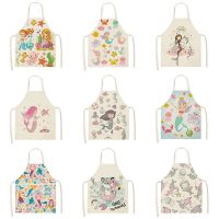 kid apron Kawaii Girl Mermaid Printed Sleeveless Aprons Kitchen Women Cotton Linen Pinafore Home Cooking Baking Waist Bib