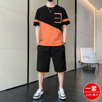 Sports Suit Mens Summer Fashion Brand Loose Cotton Casual Patchwork Short-Sleeved Clothes Suit With Handsome Menswear