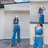 เบจ/เขียวมะนาว/น้ำตาล/น้ำเงิน ? SLYQ DELIGHT SINGLET CROP TOP &amp; PANTS SET ชุดเซ็ทเสื้อครอปและกางเกงขายาวเข้าชุด