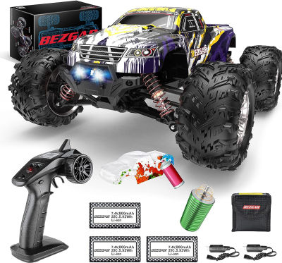 BEZGAR HM164 Brushless Hobby Grade 1:16 Scale Remote Control Truck, 4WD High Speed 52+ kmh All Terrains Off Road RC Monster Vehicle Car Crawler with 3 Rechargeable Batteries for Boys Kids and Adults Yellow-purple