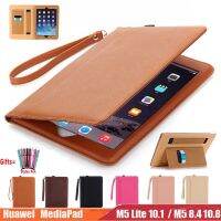 สำหรับ Huawei MediaPad M5 Lite 10.1นิ้ว8.4 "10.8" Pro Case【With มือ Strap】Smart แฟ้ม PU ถังน้ำแบบหดไดซิลิโคนกระเป๋าสตางค์เคสแท็บเล็ตมือ Cover